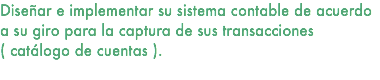 Diseñar e implementar su sistema contable de acuerdo a su giro para la captura de sus transacciones ( catálogo de cuentas ). 