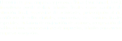 El servicio es para empresas y personas físicas ( vgr. Ismael, José ), fiscoalterna puede realizar trámites fiscales como: cambios de situación fiscal, suspensión de actividades, preinscripción al rfc, certificado de sellos digitales, contraseñas, etc. Servicios fiscales especiales: Dictamen de enajenación de acciones, recuperación de saldos a favor, compensaciones de impuestos, trámites para nuevas empresas o negocios. 